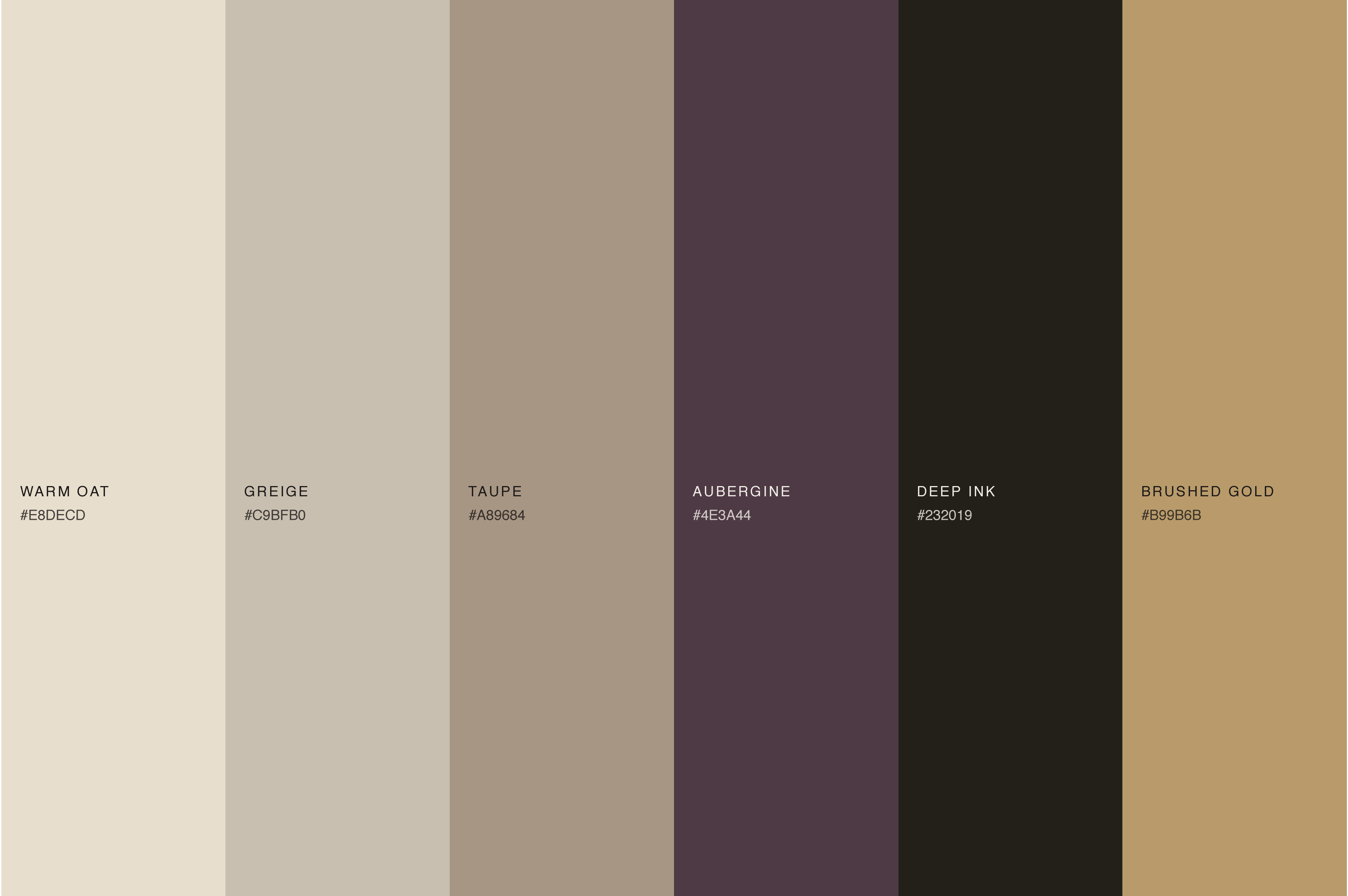Supplied six-colour palette: warm oat, greige, taupe, aubergine, deep ink and brushed gold