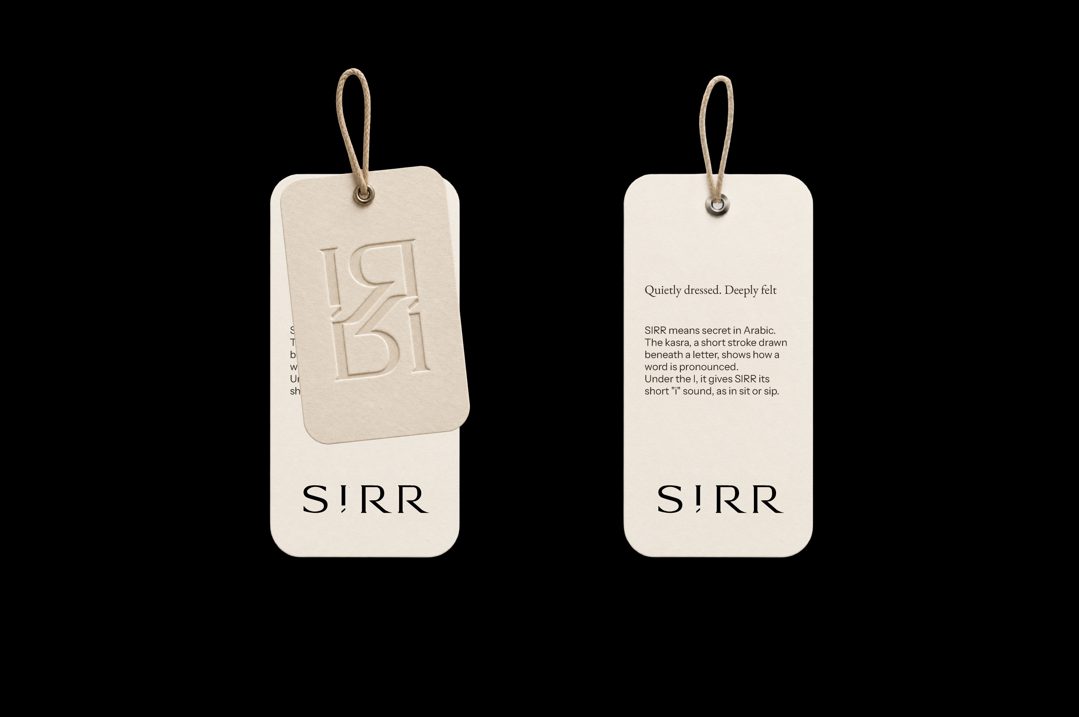 Supplied SIRR layered ivory hang-tag concept with cord, monogram and wordmark
