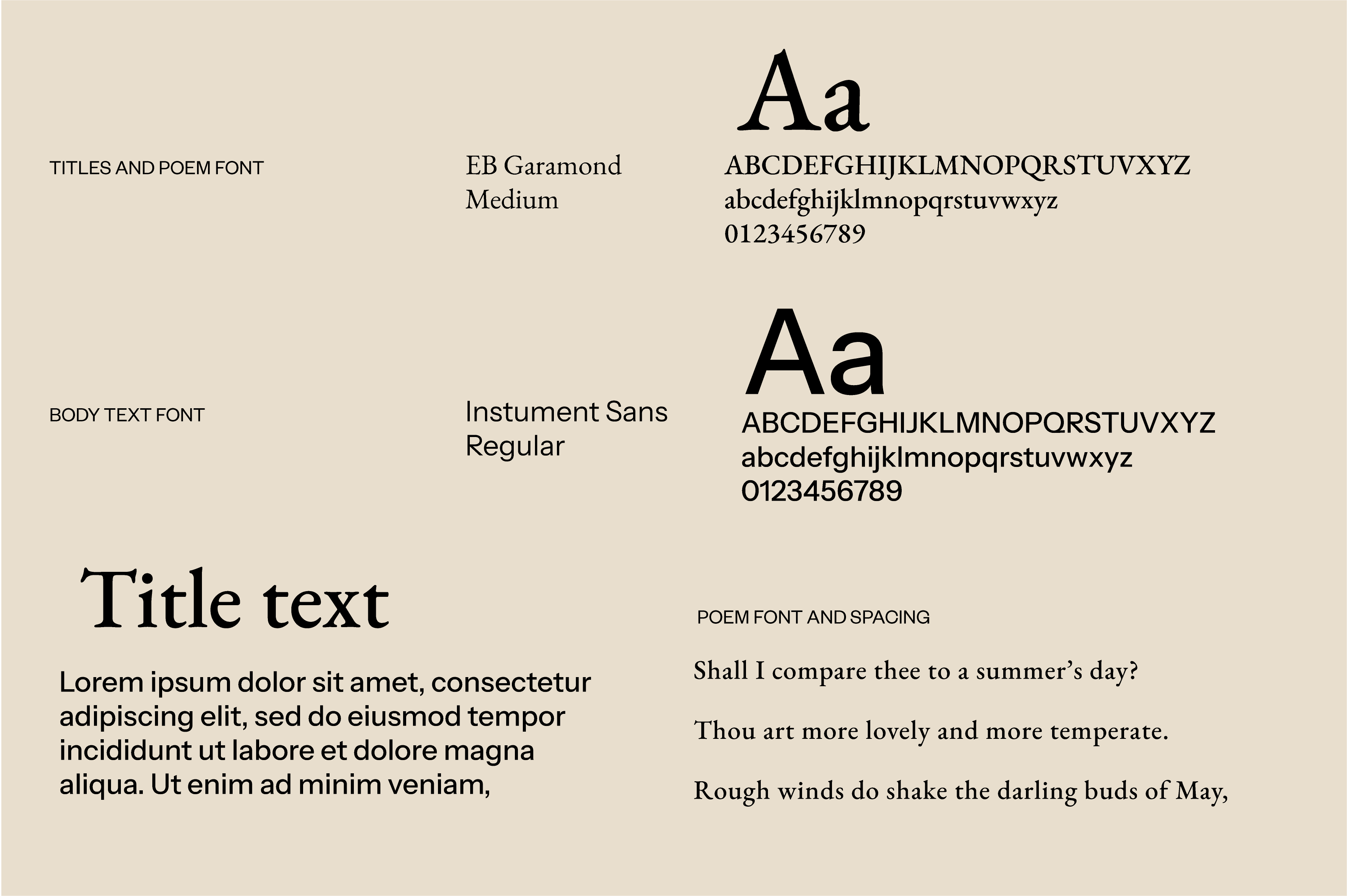 Supplied typography reference identifying EB Garamond Medium for titles and poetry and Instrument Sans Regular for body text